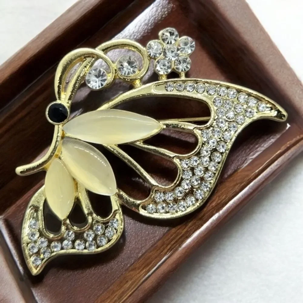 Elegant Gold Butterfly Rhinestone Brooch Pin Large Statement Lapel Accessory